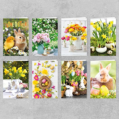 PremiumLine Osterkarten mit Umschlag - Set mit Oster Postkarten und Folie - hochwertige Klappkarten für Ostern 2024 mit liebevoll gestalteten Motiven - Osterhase Ostereier Blumen (16 Karten) von Skorpion