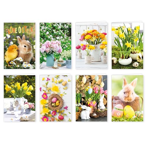 PremiumLine Osterkarten mit Umschlag - Set mit Oster Postkarten und Folie - hochwertige Klappkarten für Ostern 2024 mit liebevoll gestalteten Motiven - Osterhase Ostereier Blumen (8 Karten) von Skorpion