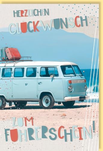 Skorpion Doppelkarte Glückwunschkarte zur bestandenen Führerscheinprüfung mit Motiv eines VW Bullis am Strand farbenfrohes Design mit Umschlag von Skorpion
