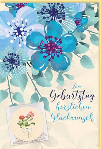 Skorpion Geburtstagskarten Glückwunschkarten Geburtstag Doppelkarte mit blauen und lila Blumen Illustration und kleiner Karte mit Blumenmotiv Zum Geburtstag herzlichen Glückwunsch mit Umschlag von Skorpion