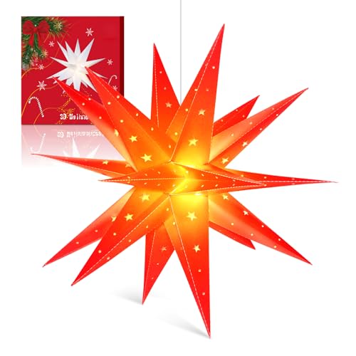 Sky angle 3D Weihnachtsstern Beleuchtet Batterie mit Timer für Fenster - 60cm Dekorieren von Weihnachtsbaum, Rot led Weihnachtsstern für Innen, Außen, Innenhof, Balkon Und Garten von Sky angle
