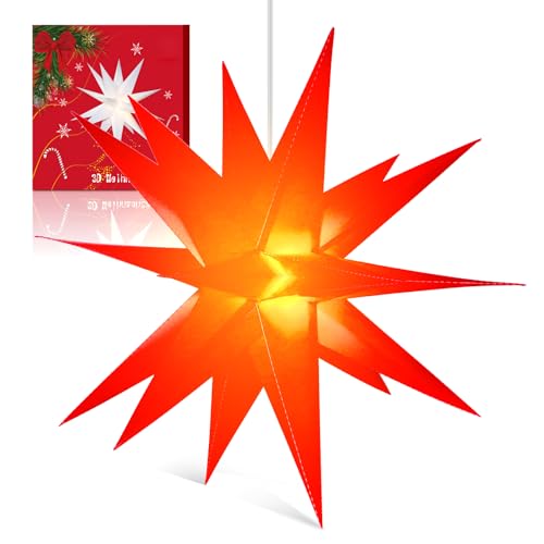 Sky angle 3D Weihnachtsstern Beleuchtet Batterie mit Timer für Fenster - 60cm Leuchtstern Stern Zum Dekorieren von Weihnachtsbaum, Rot led Weihnachtsstern für Innenhof, Balkon Und Garten von Sky angle