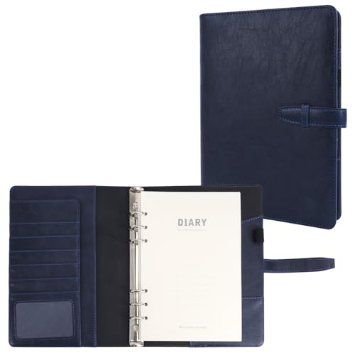 Skycase 6 Löcher Binder Notizbuch A5,PU Leder Loseblatt Notebook,ringbuch a5 nachfüllbar,Leder A5 Ring Binder,6 Runde Ring Binder Planer Notizbuch Abdeckung für A5 Füller Papier(Dunkelblau) von Skycase