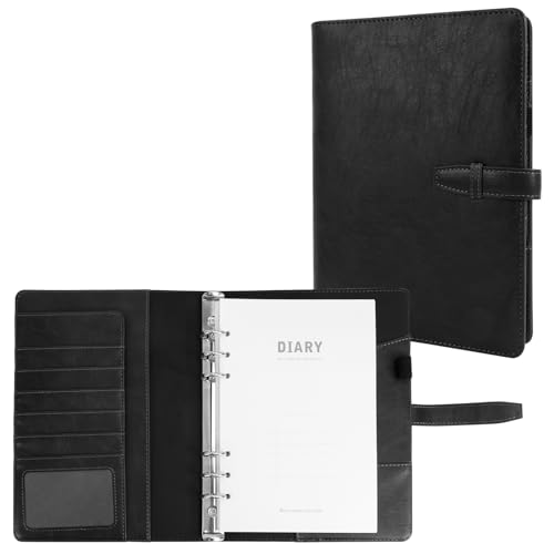 Skycase 6 Löcher Binder Notizbuch A5,PU Leder Loseblatt Notebook,ringbuch a5 nachfüllbar,Leder A5 Ring Binder,6 Runde Ring Binder Planer Notizbuch Abdeckung für A5 Füller Papier (Schwarz) von Skycase