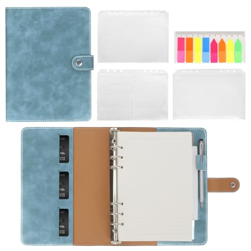 Skycase A5 Ringbuchordner, 6-Ring-Mechanik, inkl. A5 Nachfüllpapier, PVC-Haftnotizen & Tasche, blau – Praktischer Planer, Notizbuch & Reiseorganizer für Schule, Studium & Büro von Skycase