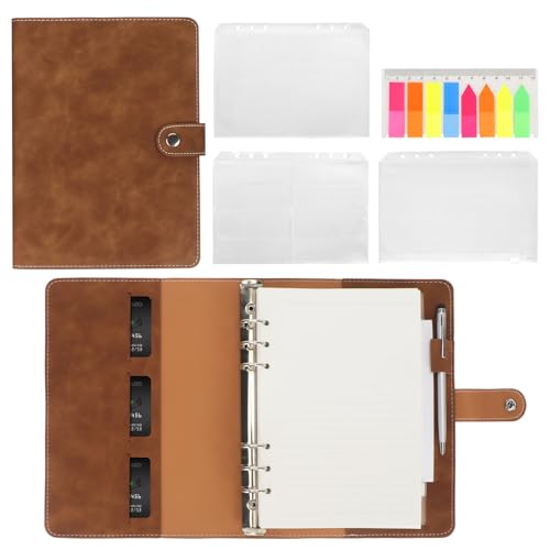 Skycase A5 Ringbuchordner, 6-Ring-Mechanik, inkl. A5 Nachfüllpapier, PVC-Haftnotizen & Tasche, braun – Praktischer Planer, Notizbuch & Reiseorganizer für Schule, Studium & Büro von Skycase