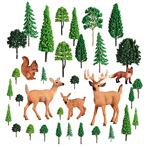 5 Stück Waldtiere Figuren Spielzeug und 30 Stück 3,5 - 16,3 cm gemischte Modellbäume Miniatur-Bäume Zubehör für Geburtstagsparty, Kuchenaufsätze, Tischdekoration, Weihnachten, Miniatur-Spielzeug von Skylety