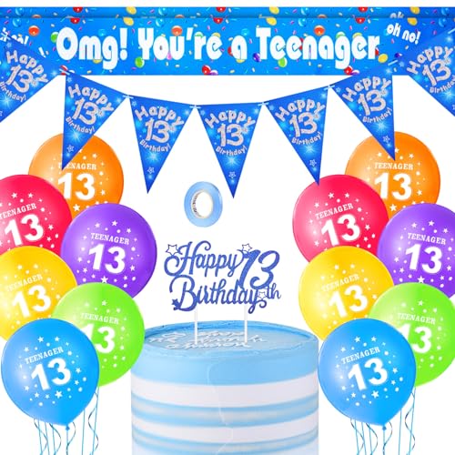 13. Geburtstag Dekoration Set, enthält 12 Zoll Teenager Ballons 13. Geburtstag Latexballons, 13. Geburtstag Bunting Banner, 13. Geburtstagstorte Topper und 13. Geburtstag Schärpe (Blau) von Skylety