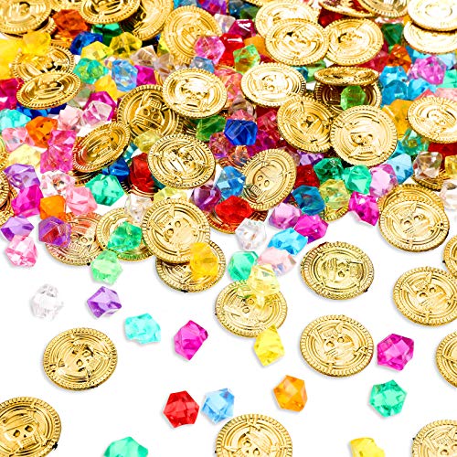Skylety 100 Stück Kunststoff Münzen Pirat Gold Münzen und 100 Stück Pirat Edelsteine Schmuck Acryl Diamanten Party Zubehör Pirat Party Dekorationen für Halloween Pirat Spielzeugen für Mitgebsel von Skylety