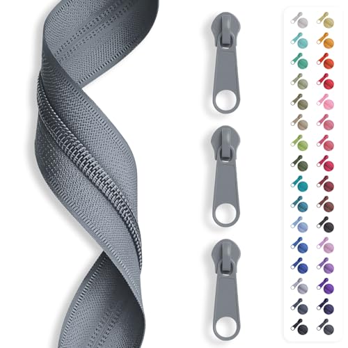 5m Reißverschluss endlos, Spirale 3mm + 15 Schieber/Zipper 32 Farben, Meterware (Hellgrau) von Slantastoffe