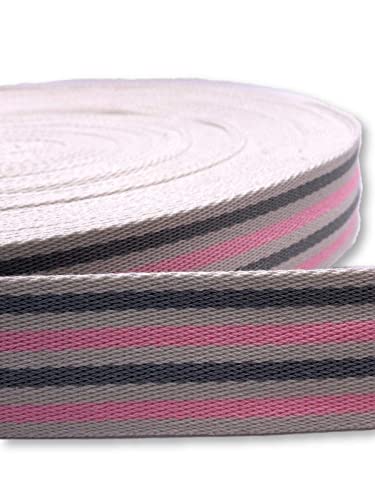 Gurtband 40mm Baumwolle Taschengurt Streifen 5 Farben (Rosa/grau) von Slantastoffe