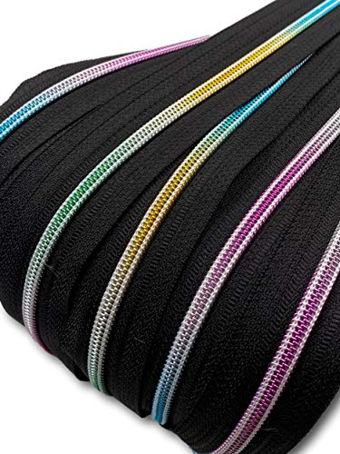Reißverschluss endlos Spirale Regenbogen 5mm Meterware mit Zipper (Schwarz, 5m + 10 Zipper) von Slantastoffe