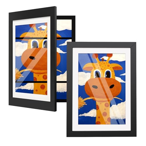 Sleeleece Bilderrahmen Kinderzeichnungen A4 für 50~150 bilder,Kinder Kunstrahmen Frontöffnung Aufklappbar,Ideal für Kinderzeichnungen, Kunstwerken, Schule, Familie(2 Stück, Schwarz) von Sleeleece
