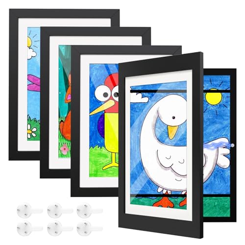 Sleeleece 4 Stück Bilderrahmen Kinderzeichnungen A4,Kunstfotorahmen für Kinder,Schwarz Aufklappbar & Frontöffnung,für bis zu 150 Zeichnungen,Ideal für Kunstprojekte, Kinderzimmer & Schule von Sleeleece