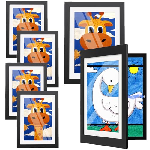 Sleeleece 6 Stück Bilderrahmen Kinderzeichnungen A4,Kunstfotorahmen für Kinder,Schwarz Aufklappbar & Frontöffnung,für bis zu 150 Zeichnungen,Ideal für Kunstprojekte, Kinderzimmer & Schule von Sleeleece