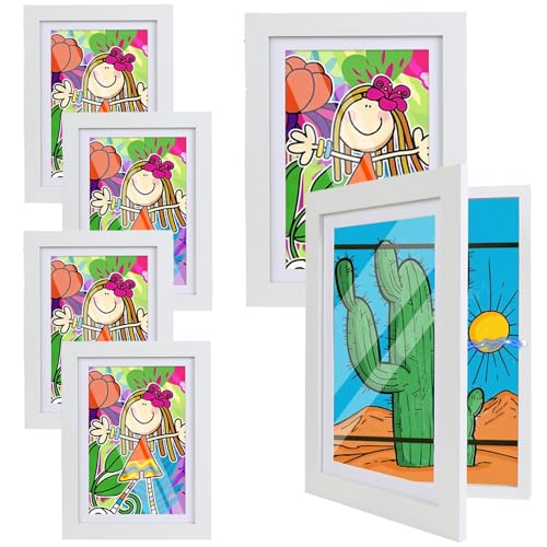 Sleeleece 6 Stück Bilderrahmen Kinderzeichnungen A4,Kunstfotorahmen für Kinder,Weiß Aufklappbar & Frontöffnung,für bis zu 150 Zeichnungen,Ideal für Kunstprojekte, Kinderzimmer & Schule von Sleeleece