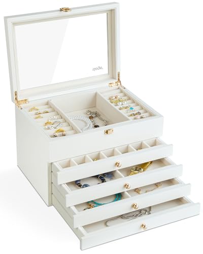 Slege Schmuckkästchen aus Holz,Handgefertigt Schmuckkasten Groß 5 Ebenen,Schmuckschatulle mit 4 Schublade,Schmuck Organizer Glasdeckel,Schmuckaufbewahrung für Ring,Ohrringe,Halsketten, Armbänder,Weiß von Slege