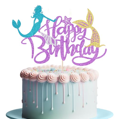 Sleyberoy Meerjungfrauen-Kuchenaufsatz "Happy Brithday" – unter dem Meer Thema/Ozeanwelt, Meerjungfrauen-Party, Babyparty, Geschlechtsoffenbarung, Geburtstagsparty-Dekoration für Jungen und Mädchen Sleyberoy Meerjungfrauen-Kuchenaufsatz "Happy Brithday" – unter dem Meer Thema/Ozeanwelt, Meerjungfrauen-Party, Babyparty, Geschlechtsoffenbarung, Geburtstagsparty-Dekoration für Jungen und Mädchen von Sleyberoy