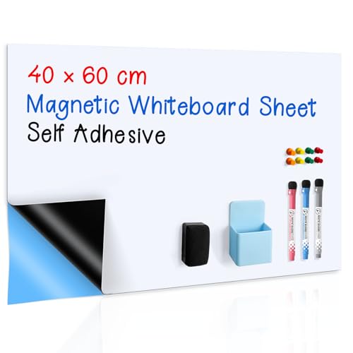 Magnetisches Whiteboard Folie 40x60 cm, Selbstklebendes Whiteboard Wand Aufkleben, Trocken Abwischbare Whiteboard Sticker für Zuhause Schule Büro Mit Stiften, Radiergummi, Stifteablage und Magneten von Sliandtelly