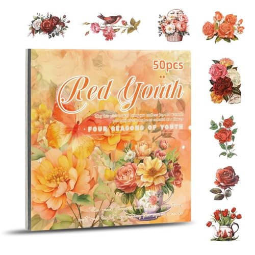 Sliccoom Blumenaufkleber, Scrapbooking-Zubehör für Junk Journals für Erwachsene, 50 Blatt, Transparente Aufkleber und Materialpapier, Rot Sliccoom Blumenaufkleber, Scrapbooking-Zubehör für Junk Journals für Erwachsene, 50 Blatt, Transparente Aufkleber und Materialpapier, Rot von Sliccoom