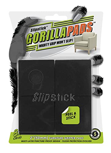 Slipstick GorillaPads CB153 rutschfeste Möbel-Pads/Greiferfüße, Bodenschoner, 50 mm, hochwertig, 5,1 cm, quadratisch, selbstklebend, Gummistopfen für Möbelbeine, Schwarz, 8 Stück von Slipstick