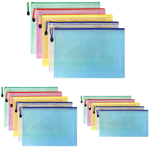 Sliva Dokumententasche A4+A5+A6, 15 Stücke (Je 5) Zip Tasche, Mesh Kunststoff Reißverschlusstasche für Datei,Papier, Dokumente, Quittungen, Kosmetika und Farbe Taschen, 5 Farben von Sliva