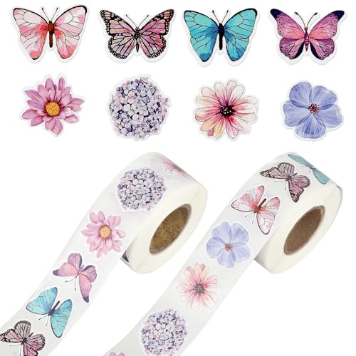 1000 Sticker auf 2 Rollen Sticker Blumen & Schmetterlinge Blumenaufkleber für Kinder DIY Papier Tape Stickers, Verschiedene Stickers Schmetterlinge Blumen für DIY Handwerk Scrapbooking, 2,5-3 cm Größe von Sliverdew