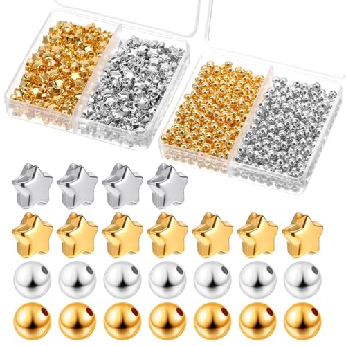 1000 Stücke Glatte Runde Perlen Stern Perlen, 600Kleine Abstandhalter Perlen 400Acryl Sternform Perlen für Armbänder, Pentagramm Zwischenperlen für DIY Armbänder Halskette Ohrring Schmuck, Gold Silber 1000 Stücke Glatte Runde Perlen Stern Perlen, 600Kleine Abstandhalter Perlen 400Acryl Sternform Perlen für Armbänder, Pentagramm Zwischenperlen für DIY Armbänder Halskette Ohrring Schmuck, Gold Silber von Sliverdew