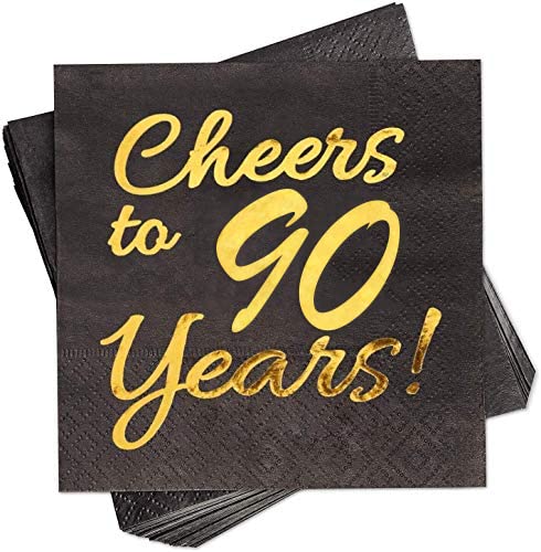 Partyzubehör zum 90. Geburtstag für Männer und Frauen, Cocktail-Servietten, schwarz, 16,5 x 16,5 cm, gefaltet, Prost bis 90 Jahre (90) von Sllyfo