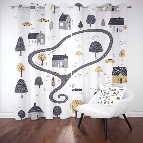 Auto Sreet Stadt Vorhang mit ösen 260x140 thermovorhang, Niedlich Cartoon Architektur Gardinen Wohnzimmer Blickdicht 2er Set, Karikatur Nordic Vorhange verdunkelung kälteschutz, für Schlafzimmer von Slojtdd