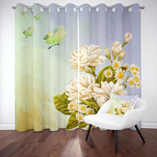 Gänseblümchen Floral Vorhang Blickdicht 137x90 für kinderzimmer, Schmetterling Blätter Gardinen mit ösen 2er Set, Pflanzen Aesthetic Thermovorhang kälteschutz, Wohnzimmer verdunkelung vorhange Gänseblümchen Floral Vorhang Blickdicht 137x90 für kinderzimmer, Schmetterling Blätter Gardinen mit ösen 2er Set, Pflanzen Aesthetic Thermovorhang kälteschutz, Wohnzimmer verdunkelung vorhange von Slojtdd