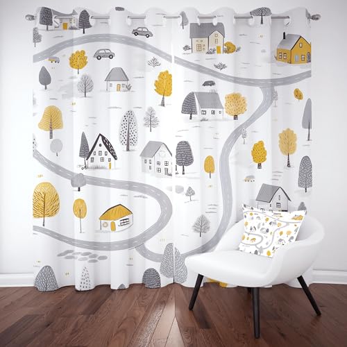 Niedlich Karikatur Stadt Thermovorhang kälteschutz mit ösen, Auto Sreet Architektur Gardinen schlafzimmer blickdicht verdunklungsvorhang 2er set, Nordic Cartoon Vorhang 145x140, für wohnzimmer Niedlich Karikatur Stadt Thermovorhang kälteschutz mit ösen, Auto Sreet Architektur Gardinen schlafzimmer blickdicht verdunklungsvorhang 2er set, Nordic Cartoon Vorhang 145x140, für wohnzimmer von Slojtdd