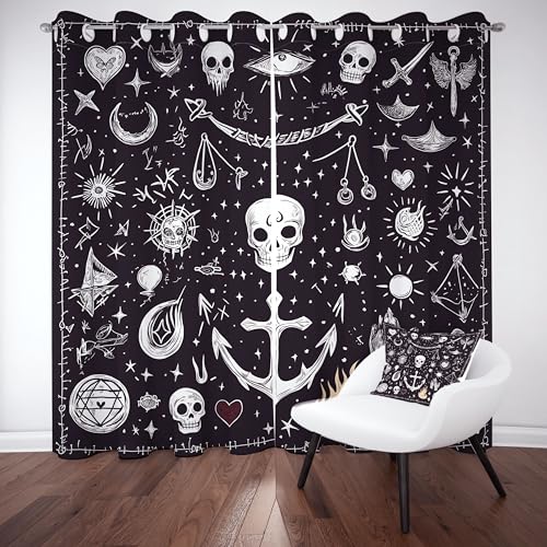 Slojtdd Gothic Totenkopf Gardinen mit ösen Blickdicht 2er Set, Liebe Herz Anker Vorhang Wohnzimmer, 137x132 thermovorhang kälteschutz, Geheimnis Punk Illustration Verdunklungsvorhang kinderzimmer von Slojtdd
