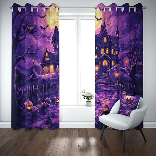 Slojtdd Halloween Pumpkin Thermovorhang kälteschutz mit ösen, Kürbis Fledermaus Gardinen Schlafzimmer Blickdicht verdunklungsvorhang 2er Set, Spukhaus Schloss Vorhang 220x140, für kinderzimmer Slojtdd Halloween Pumpkin Thermovorhang kälteschutz mit ösen, Kürbis Fledermaus Gardinen Schlafzimmer Blickdicht verdunklungsvorhang 2er Set, Spukhaus Schloss Vorhang 220x140, für kinderzimmer von Slojtdd