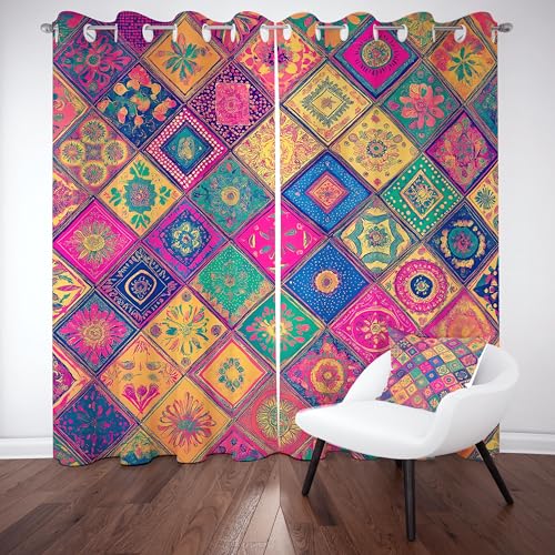 Slojtdd Indien Patchwork Floral Verdunklungsvorhang ösen,Diamant Gitter Gardinen Blickdicht 2er Set, Boho Ethnisch Schlafzimmer vorhange, kinderzimmer Wohnzimmer 2er Set,210x132 Slojtdd Indien Patchwork Floral Verdunklungsvorhang ösen,Diamant Gitter Gardinen Blickdicht 2er Set, Boho Ethnisch Schlafzimmer vorhange, kinderzimmer Wohnzimmer 2er Set,210x132 von Slojtdd
