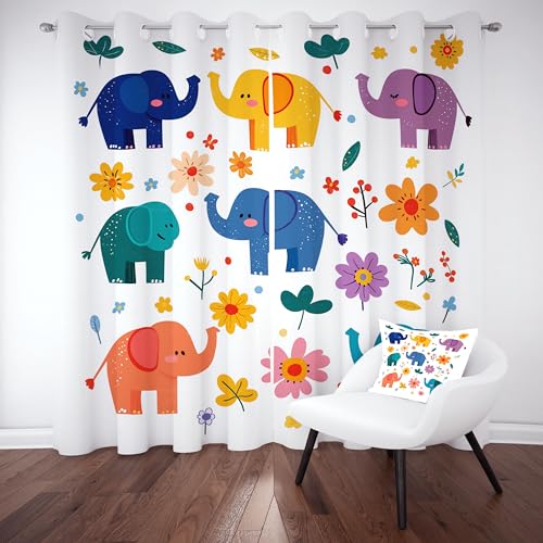 Slojtdd Mehrfarbig Elefant Verdunklungsvorhang ösen,Karikatur Waldtiere Gardinen Blickdicht 2er Set, Niedlich Floral Schlafzimmer vorhange, kinderzimmer Wohnzimmer 2er Set,210x132 Slojtdd Mehrfarbig Elefant Verdunklungsvorhang ösen,Karikatur Waldtiere Gardinen Blickdicht 2er Set, Niedlich Floral Schlafzimmer vorhange, kinderzimmer Wohnzimmer 2er Set,210x132 von Slojtdd