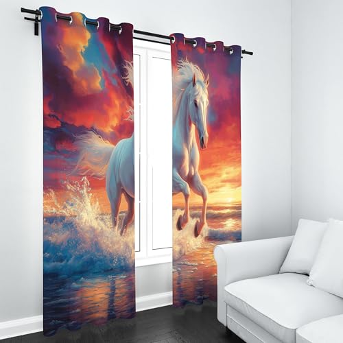 Slojtdd Weiß Horse Gardinen mit ösen Blickdicht 2er Set, Pferd Tiermotiv Vorhang Wohnzimmer, 137x132 thermovorhang kälteschutz, Ozean Sonnenuntergang Verdunklungsvorhang kinderzimmer Slojtdd Weiß Horse Gardinen mit ösen Blickdicht 2er Set, Pferd Tiermotiv Vorhang Wohnzimmer, 137x132 thermovorhang kälteschutz, Ozean Sonnenuntergang Verdunklungsvorhang kinderzimmer von Slojtdd