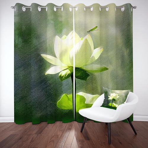 Weiß Lotus Blumen Vorhang Blickdicht 200x140 für kinderzimmer, Grün Libelle Blätter Gardinen mit ösen 2er Set, Chinesische Zen Thermovorhang kälteschutz, Wohnzimmer verdunkelung vorhange Weiß Lotus Blumen Vorhang Blickdicht 200x140 für kinderzimmer, Grün Libelle Blätter Gardinen mit ösen 2er Set, Chinesische Zen Thermovorhang kälteschutz, Wohnzimmer verdunkelung vorhange von Slojtdd