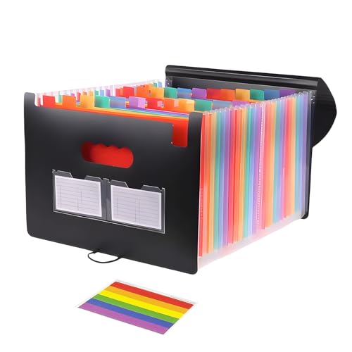 Slomg Fächermappe aus Kunststoff mit 25 Fächern, schwarzer Akkordeon-Aktenordner, tragbarer erweiterbarer Aktenbox, Schreibtischordner für Schule, Büro, Briefe, A4, Papier, Dokumente, Quittungen von Slomg