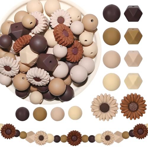 100 Stück Silikonperlen Set, Armband Perlen zum Auffädeln, Silikonperlen, Bulk Silikon Perlen Mehrere Formen Leicht und Tragbar, Geeignet für Armband, Craft Making (Braun) von Slvoaujtk