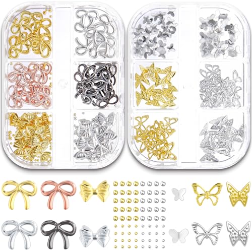 SmallCat 144 Stück 3D-Metallschleifenanhänger, niedliche Schmetterlings-Charms für Nägel, Fliege, Nagelzubehör, Nagelschmuck für Nagelkunst, Scrapbooking, Handyhülle, Grußkarten, Gold und Silber von SmallCat