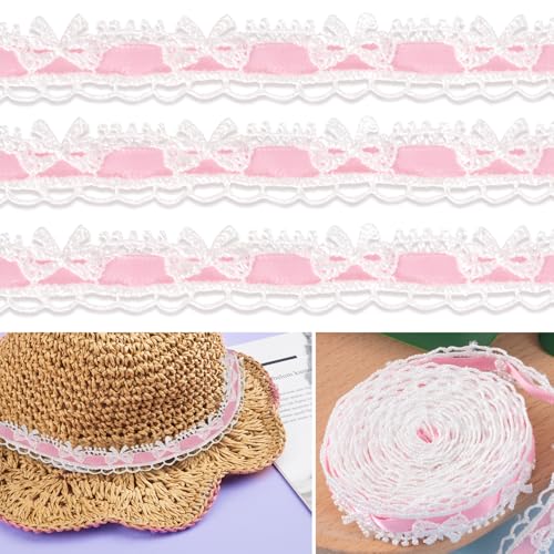 SmallCat 2 Yards Spitzenband, 1,5 cm breit rosa Schleife gehäkelte Spitze Nähen Trim Vintage Bowknot gewellte Kante Handwerk Schnürsenkel, Stickerei Schnürsenkel DIY Dekoration für Hochzeit von SmallCat