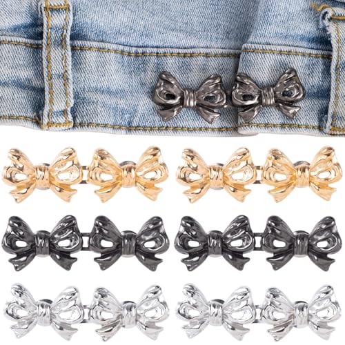 SmallCat 6 Sets verstellbare Hosen-Taillenspanner für Frauen, sofort abnehmbarer Nadelknopf für lose Jeans, kein Nähen Schleife Taille Knoten Clips für Rock, Hose Taille Zubehör, Silber, Gold, Schwarz von SmallCat