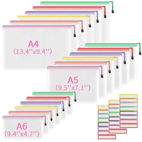 18 Stück Dokumententasche mit Reißverschluss,3 Größen Dokumententasche A4+A5+A6 Kunststoff Mesh Datei Taschen Dokumententasche für Schule, Zuhause, Büro, Reisen, Kosmetika (6 Farben) von Smarpau
