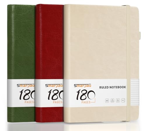 3 Stück Notizbuch A5,Notizbücher kleiner Notizblock mit 80gsm Dickem Papier, 180 Seiten Leder-Notizbuch Journal für Frauen Männer Reisen Arbeit Schule Schreiben - Beige, Olivgrün, Rot von Smarpau
