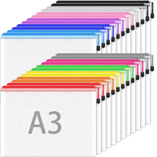 A3 Kunststoff Zip Wallets - 24PCS A3 Kunststoff-Ordner Brieftaschen Dokument Ordner Zip Lock Taschen Mesh Zipper Taschen für Schule Büro Reise Lagerung (12 Farbe) von Smarpau