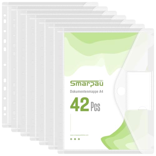Dokumentenmappe A4 42 Stück, Dokumententasche A4 zum Abheften, Transparente Mappen mit Klettverschluss, Wasserdicht Sammelmappen für Dokumente Organisieren von Smarpau