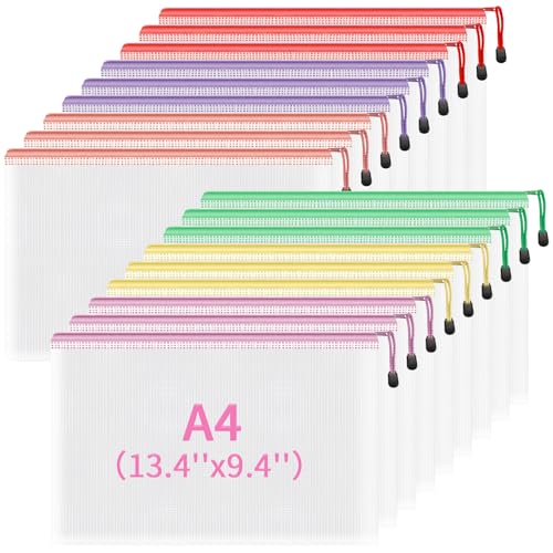 Dokumententasche A4, 18 Stück Dokumententaschen mit Reißverschluss, Wasserdichte Mesh Kunststoff Reißverschlusstasche Kunststoff Datei Taschen für Dokument, Papier, Kosmetik (6 Farben) von Smarpau