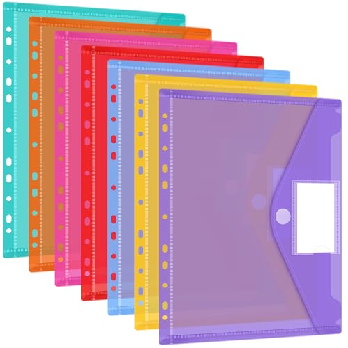 Dokumententasche A4 28 Stück, 7 Farben Dokumentenmappe mit 11 Lochrand und Etikettentasche, Transparent A4 Dokumententasche Sammelmappe für Dokumente Organisiere von Smarpau