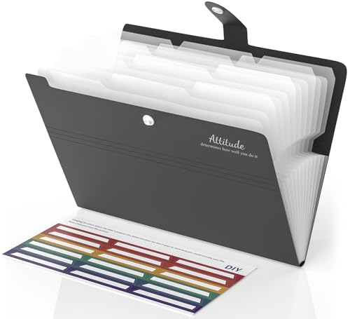 Fächermappe A4, 12 Tasche Dokumentenmappe, Ordner A4 Erweiterbar Ordnungsmappe,Mappen Ordnersystem Document Folder Mit Druckknopf und Etiketten für Haus,Schule und Arbeitsreise (Schwarz) von Smarpau